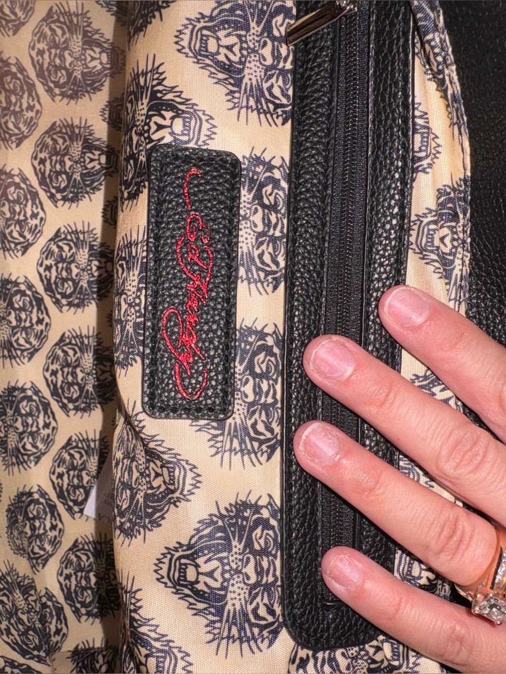 Ed Hardy Black Pink White Floral Checkered Tote with Red Script - Picture 5 of 5